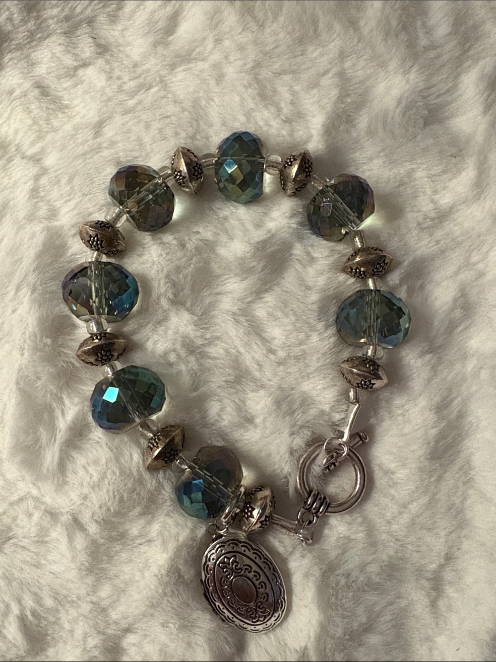 Silver-Tone Bracelet with Iridescent Blue-Green Faceted Victorian Beads